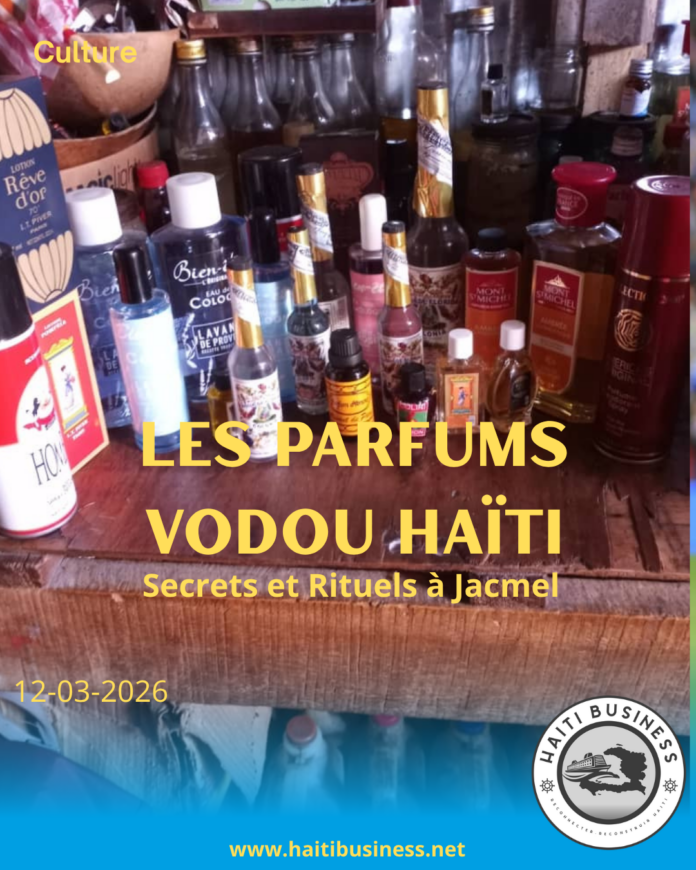 Affiche du reportage sur les Parfums Vodou Haïti présentant un étalage de bouteilles mystiques au marché de Jacmel avec le titre 
