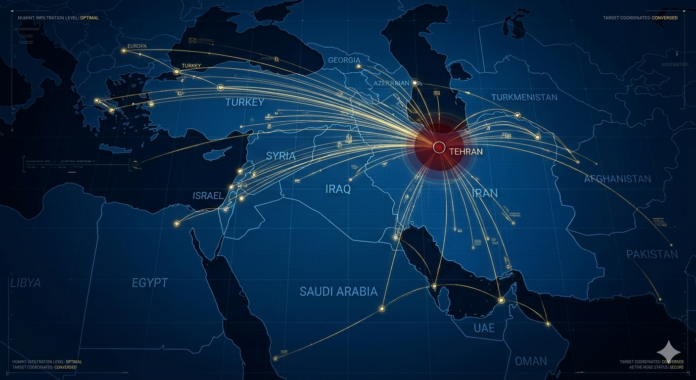 Carte générée par l'IA illustrant les tensions de la géopolitique du Moyen-Orient et les zones de conséquences régionales.