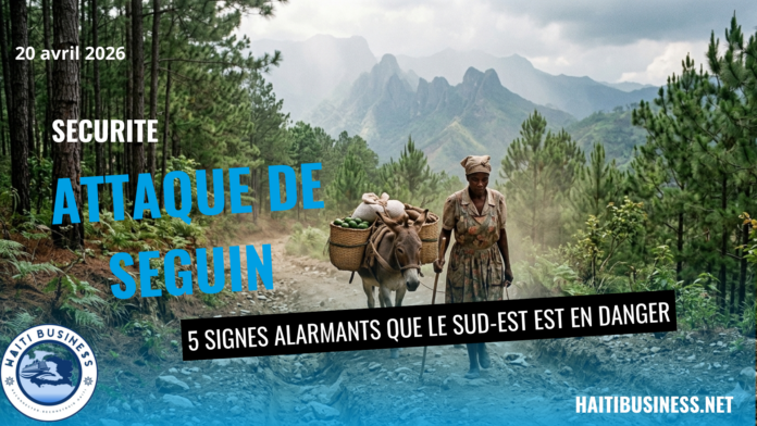Illustration montrant la route montagneuse de Seguin en Haïti, symbole de la vulnérabilité de la zone après l'attaque de Seguin. Image générée par intelligence artificielle pour illustrer l'insécurité dans le Sud-Est.