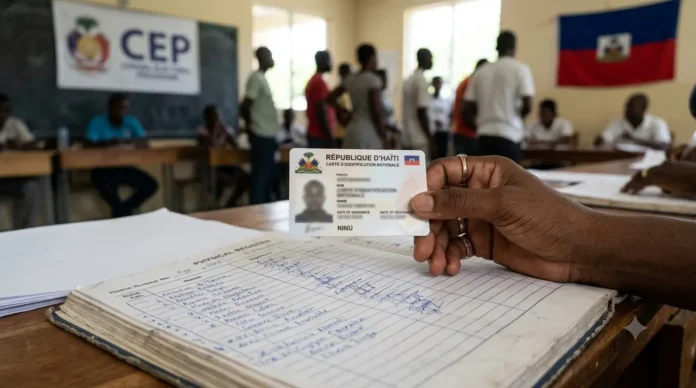 Image générée par IA : Gros plan sur une main tenant une Carte d'Identification Nationale (CIN) haïtienne au-dessus d'un registre d'inscription électoral ouvert, dans un bureau d'enregistrement.