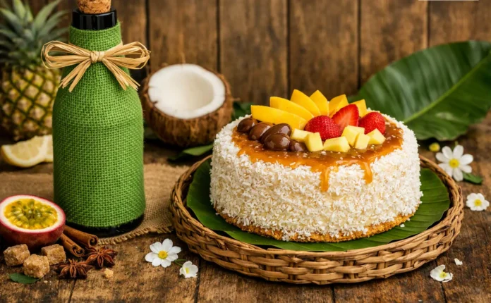 Entrepreunariat A jacmel Photographie réaliste d’un gâteau tropical et d’une bouteille décorée d’une toile verte sur une table en bois, illustrant l’entrepreneuriat à Jacmel à travers la créativité artisanale et la valorisation des produits locaux.