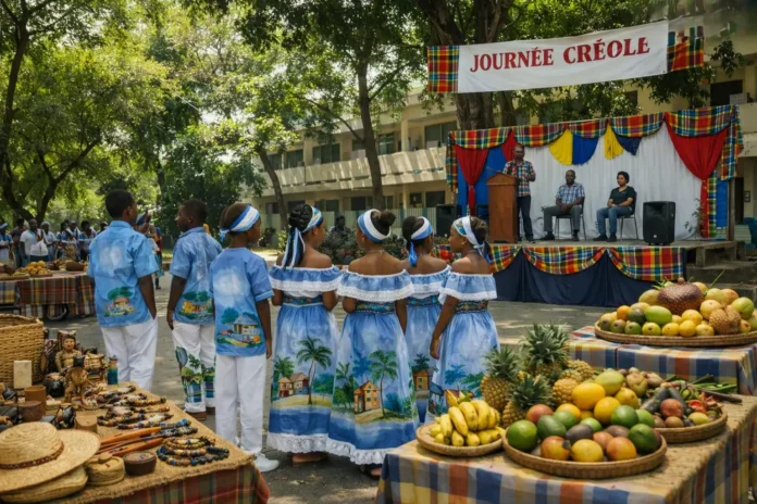 Élèves en tenue karabela, participant à une journée créole dans la cour du centre alcibiade pommayrac , entourés d’étalages de fruits et d’artisanat sous les arbres.