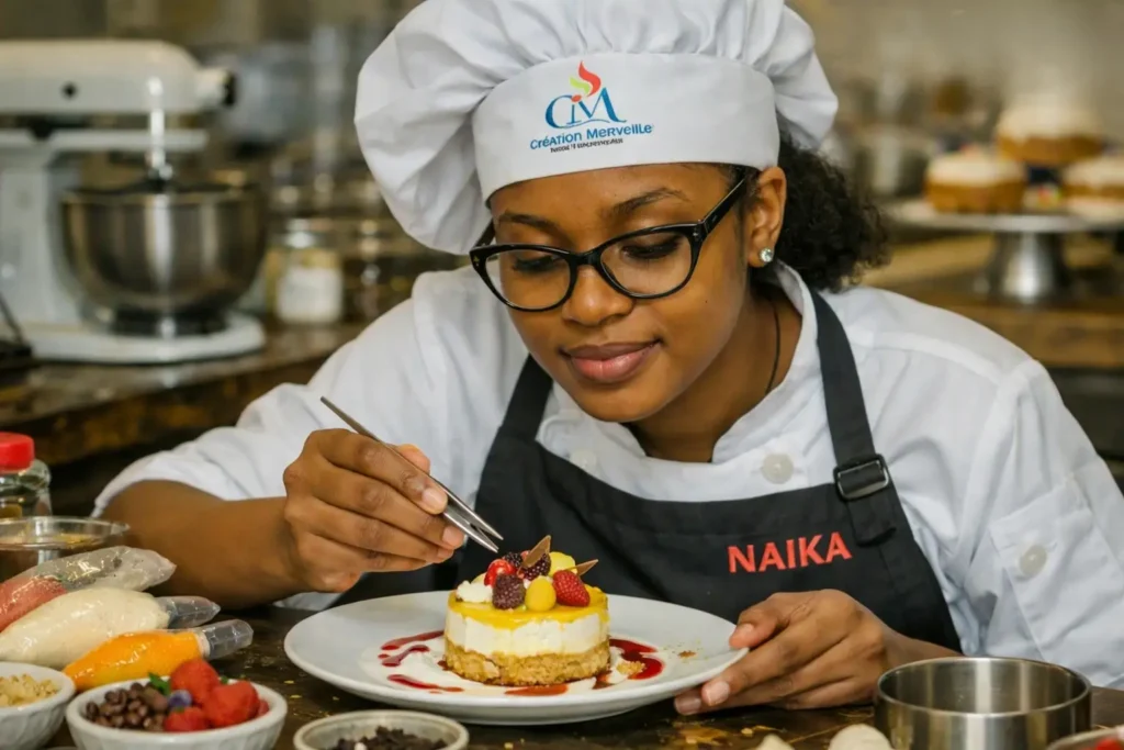 Naika, jeune cheffe pâtissière à Jacmel, concentrée sur le dressage d’un dessert dans son atelier culinaire, illustrant l’entrepreneuriat à Jacmel et la créativité gastronomique locale.