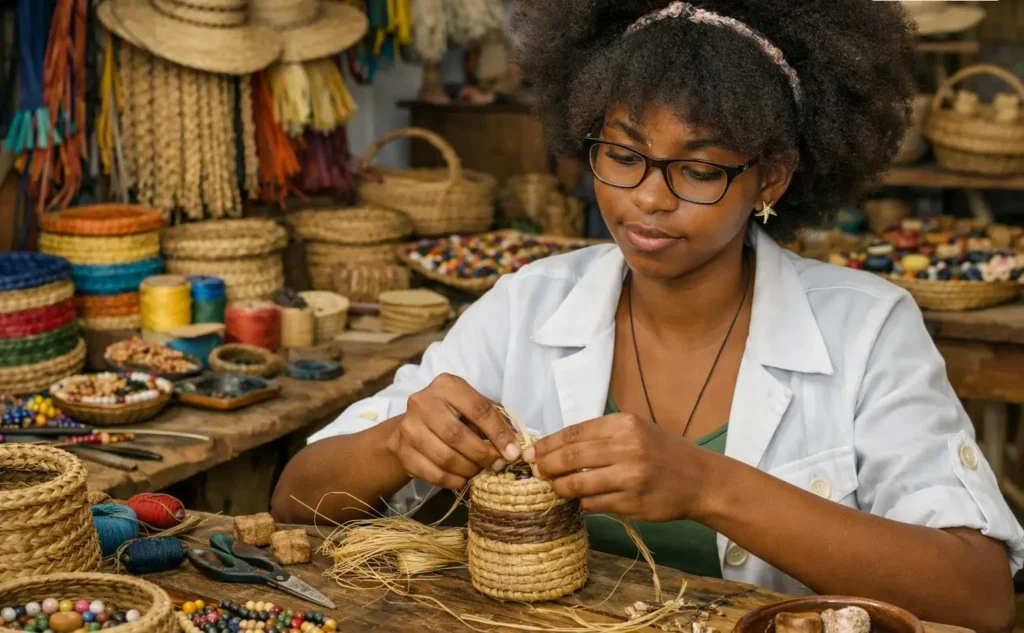 Portrait réaliste d’Ashanti, jeune artisane à Jacmel, travaillant dans son atelier entourée de paniers, perles et matériaux locaux, symbole vivant de l’entrepreneuriat à Jacmel et du savoir‑faire haïtien.