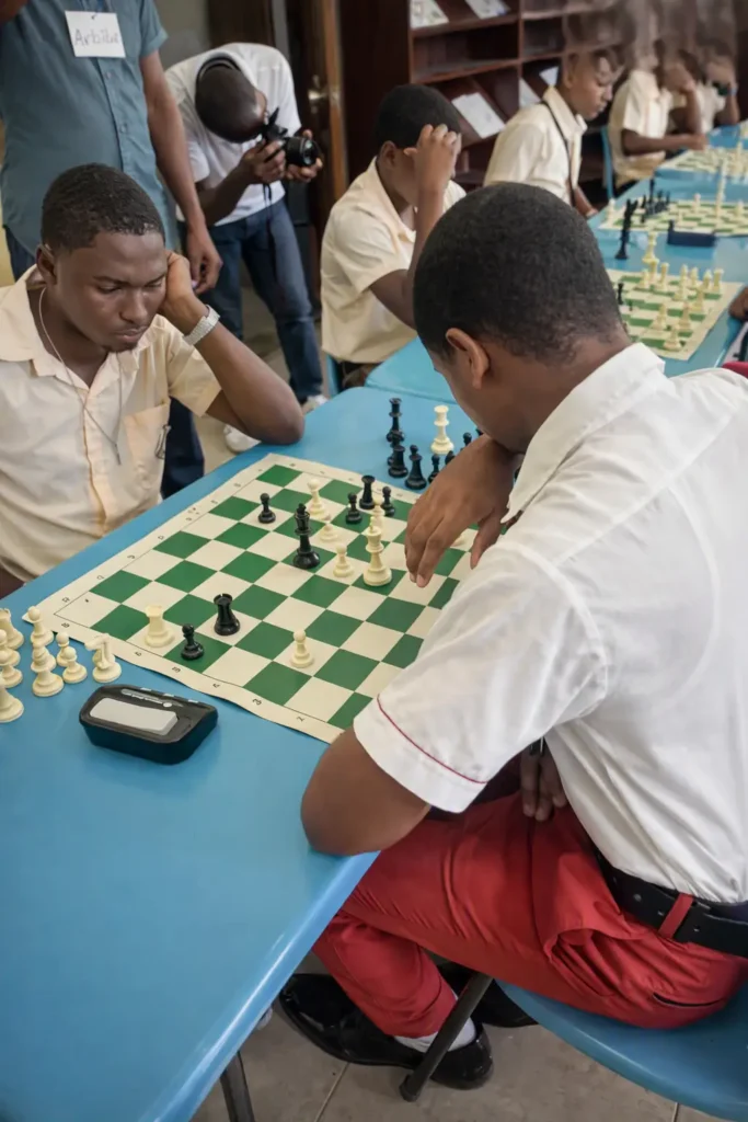 ournoi de jeu d’échecs à Jacmel, élèves haïtiens jouant à la bibliothèque municipale de Jacmel avec arbitre et photographe, mettant en valeur concentration et stratégie.