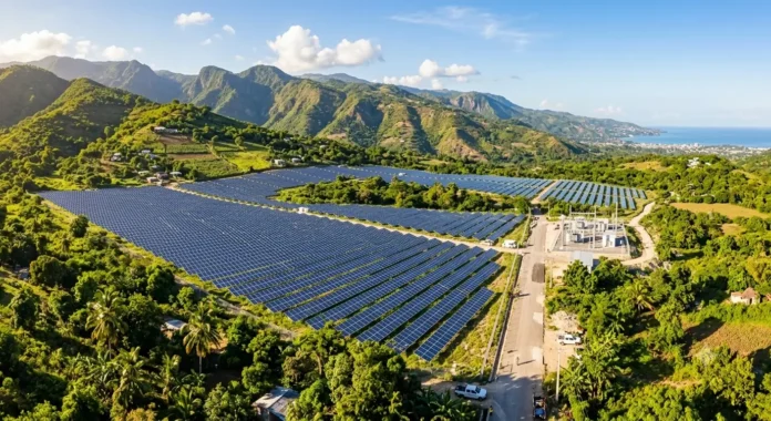 Image générée par IA : Vue aérienne d'une centrale solaire fictive avec des panneaux photovoltaïques disposés sur des collines verdoyantes et montagneuses rappelant le paysage d'Haïti.