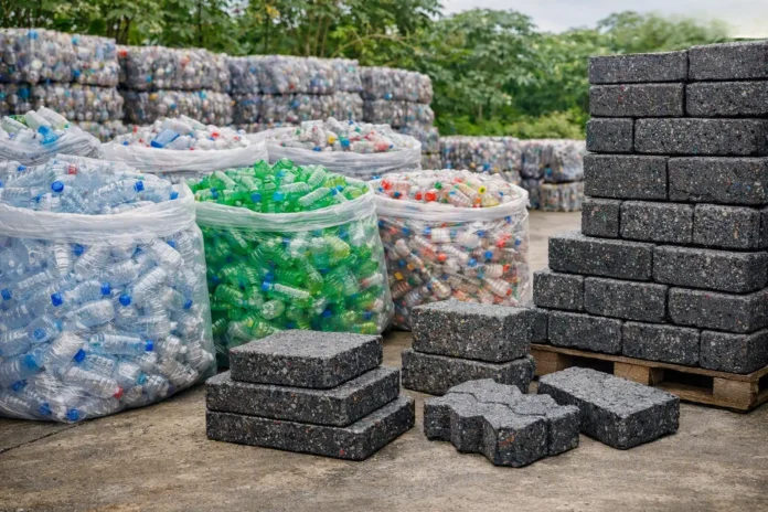 economie-circulaire-recyclage-dechets-plastiques-haiti Économie circulaire en Haïti - Bouteilles plastiques triées et pavés écologiques issus du recyclage.